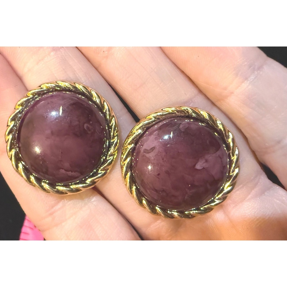 Vintage Gold Tone Marbled Burgundy Cabochon Rope Border Round Stud Earrings 1"